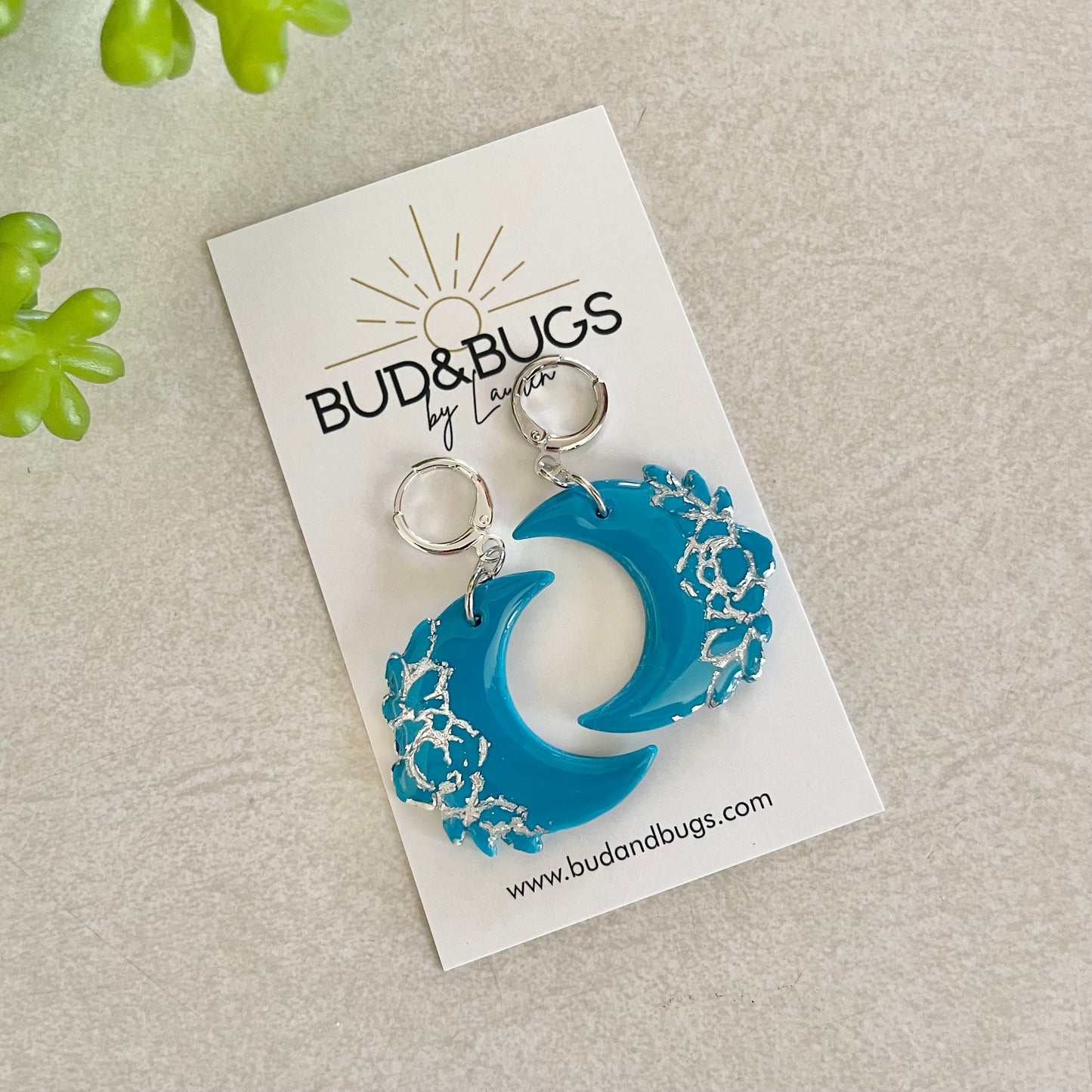 Teal & Silver Foil Moon Dangles