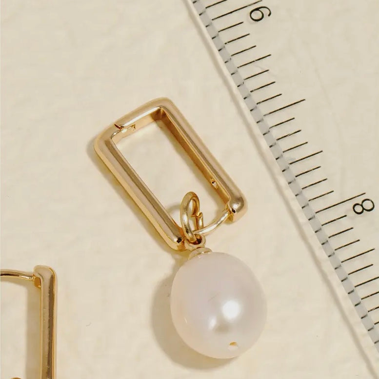 Silver and Pearl Rectangle Huggie Earrings