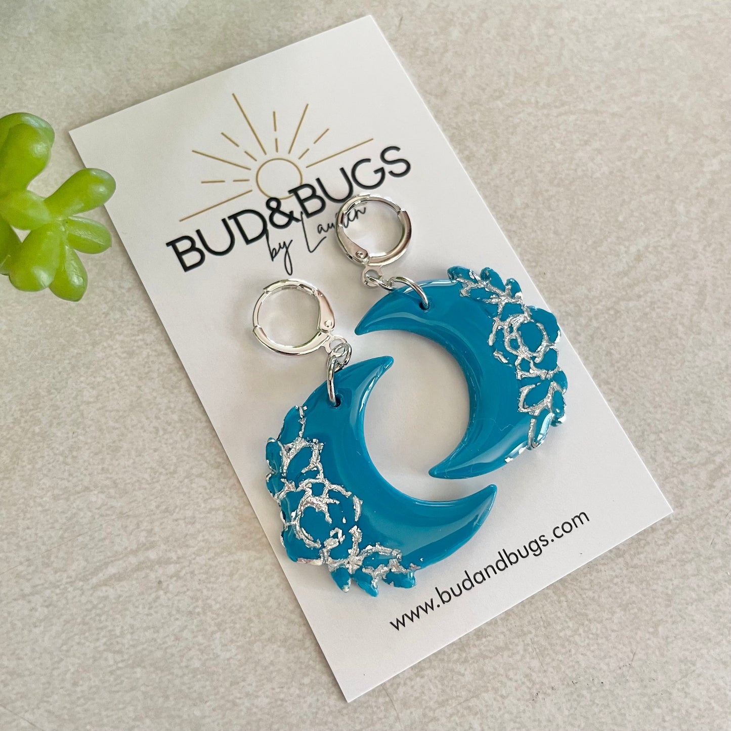 Teal & Silver Foil Moon Dangles