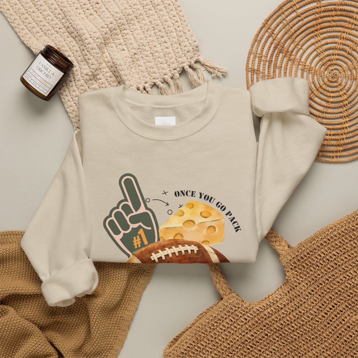 Football & Cheese Crewneck Sweatshirt — "Once You Go Pack, You Never Go Back" Graphic