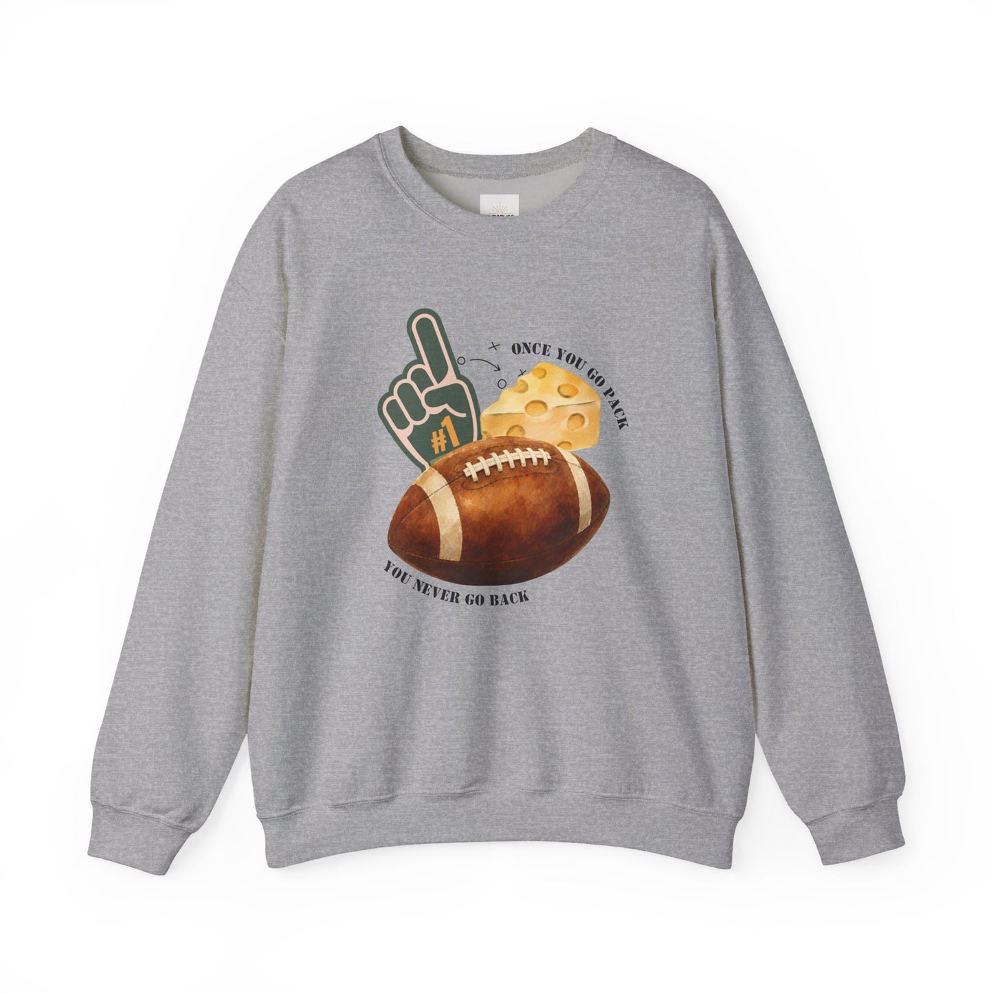 Football & Cheese Crewneck Sweatshirt — "Once You Go Pack, You Never Go Back" Graphic