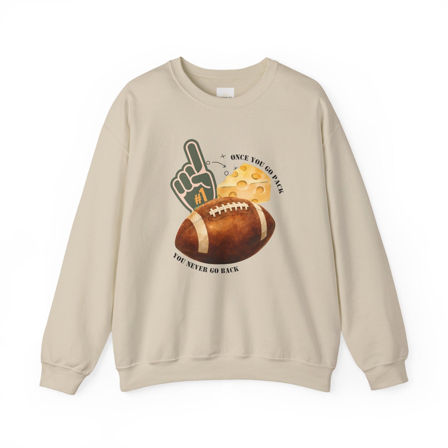 Football & Cheese Crewneck Sweatshirt — "Once You Go Pack, You Never Go Back" Graphic