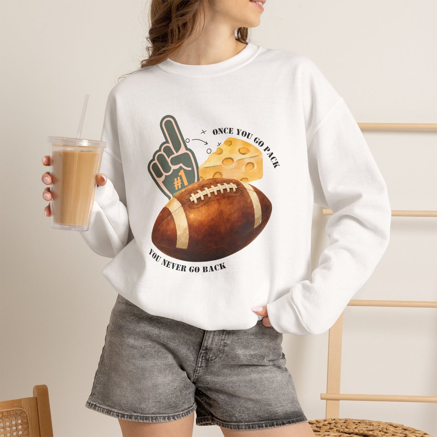 Football & Cheese Crewneck Sweatshirt — "Once You Go Pack, You Never Go Back" Graphic