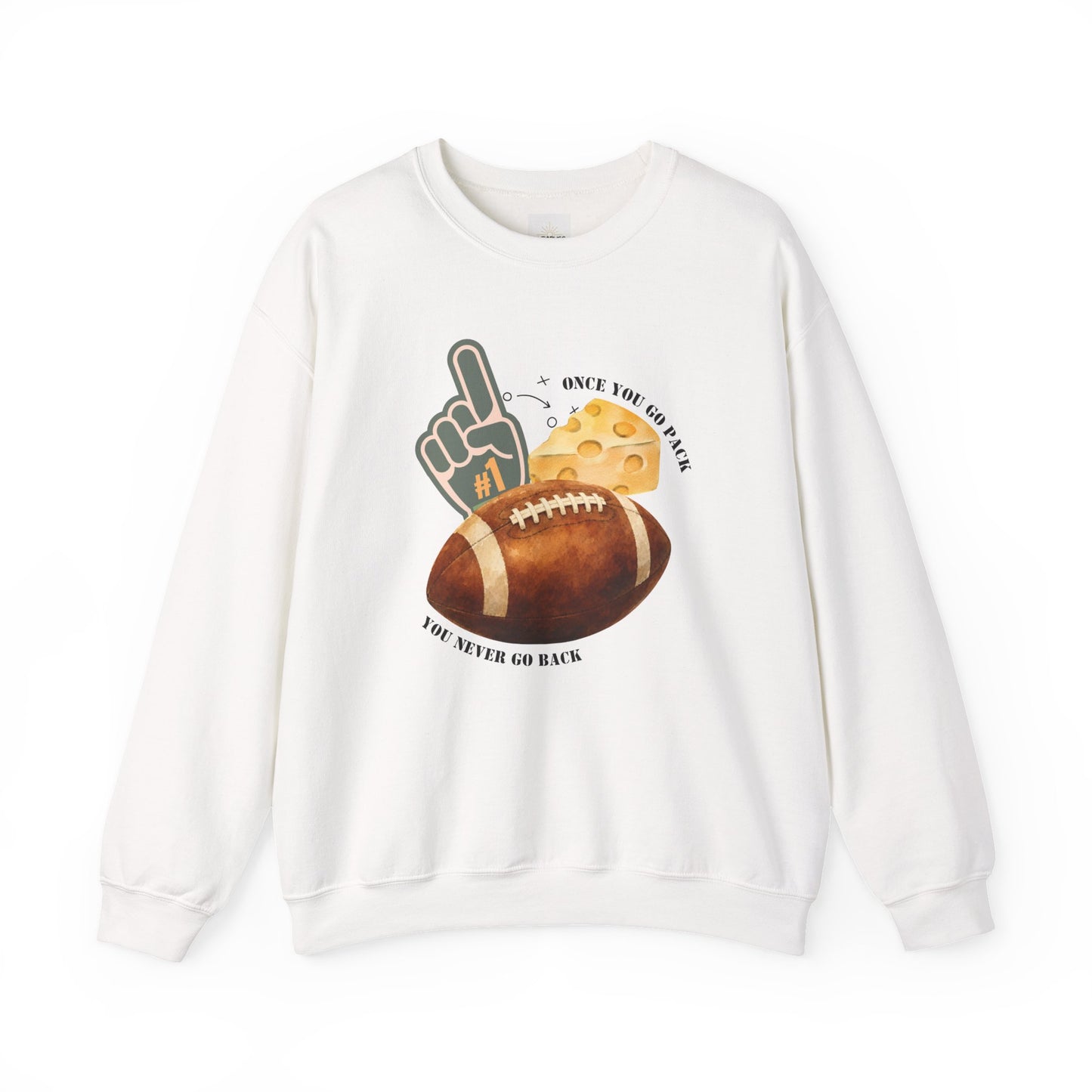 Football & Cheese Crewneck Sweatshirt — "Once You Go Pack, You Never Go Back" Graphic
