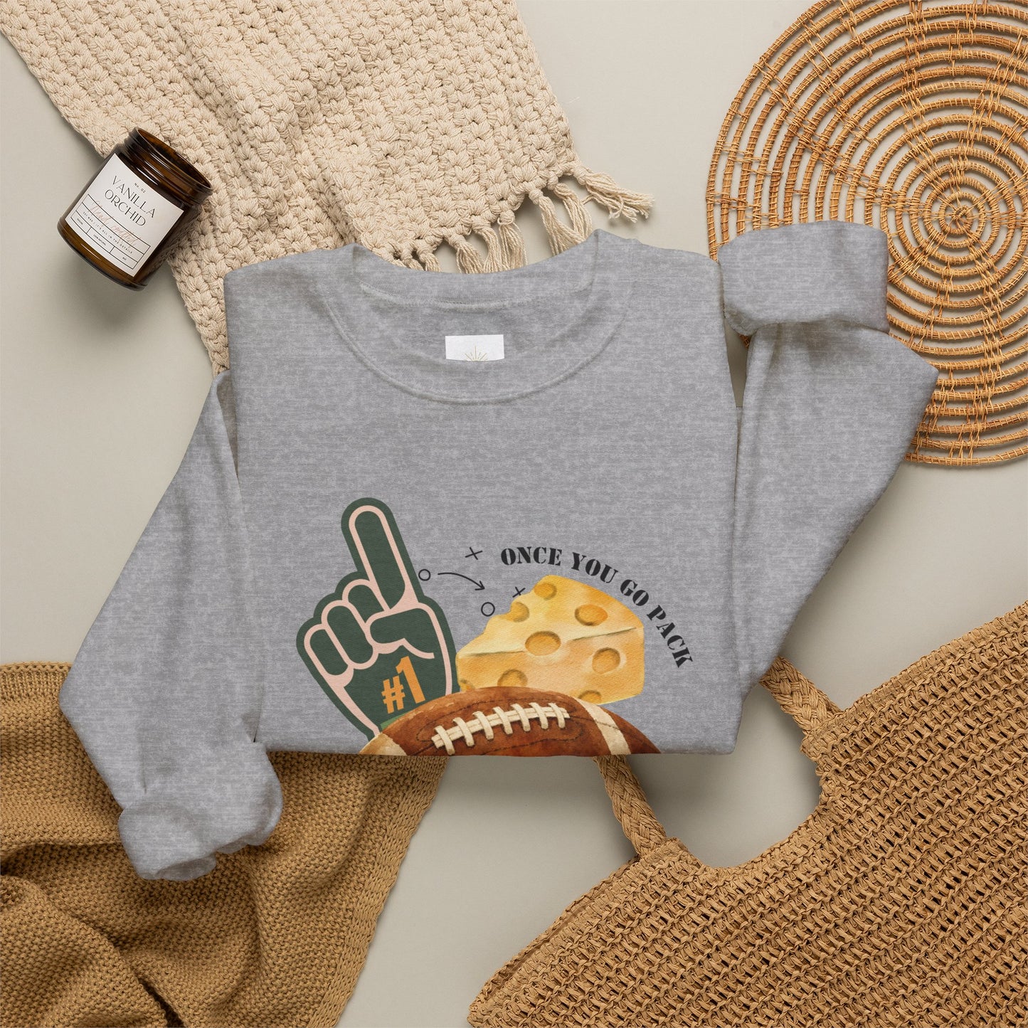 Football & Cheese Crewneck Sweatshirt — "Once You Go Pack, You Never Go Back" Graphic