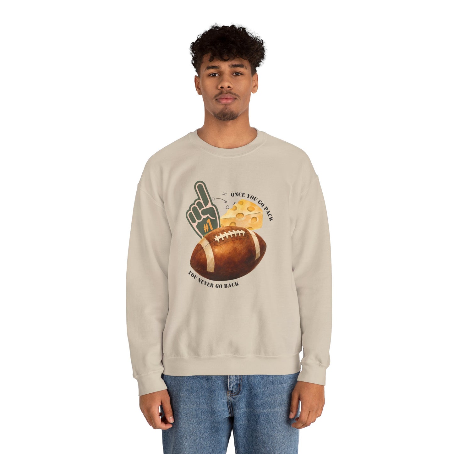 Football & Cheese Crewneck Sweatshirt — "Once You Go Pack, You Never Go Back" Graphic