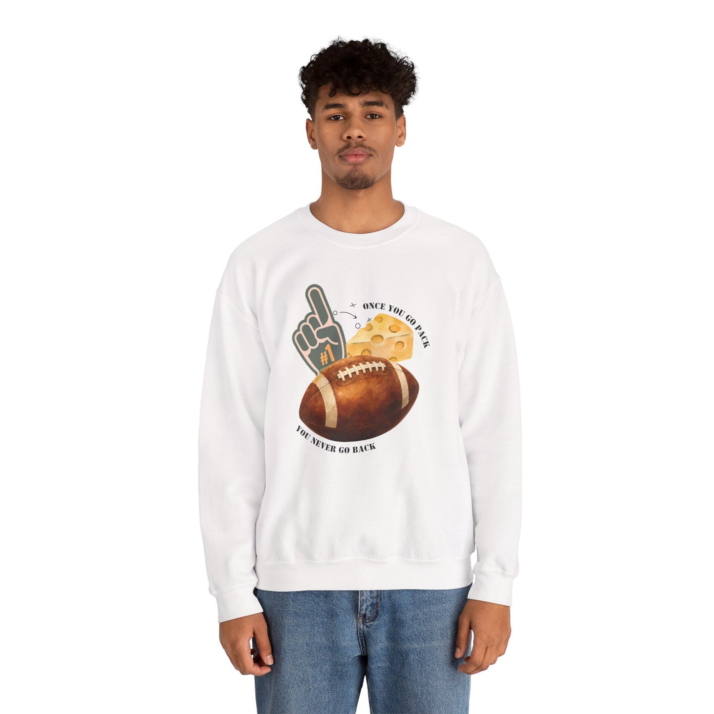 Football & Cheese Crewneck Sweatshirt — "Once You Go Pack, You Never Go Back" Graphic
