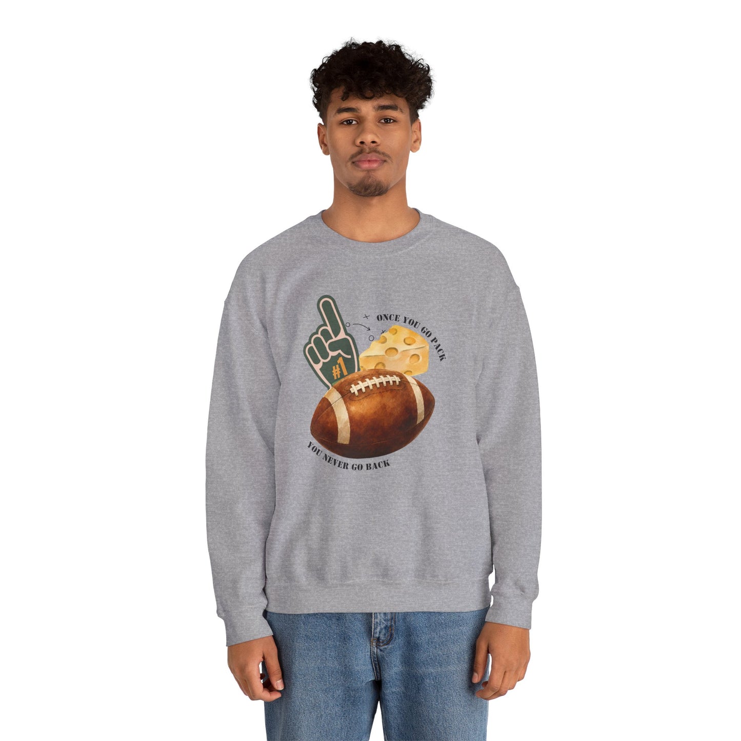 Football & Cheese Crewneck Sweatshirt — "Once You Go Pack, You Never Go Back" Graphic