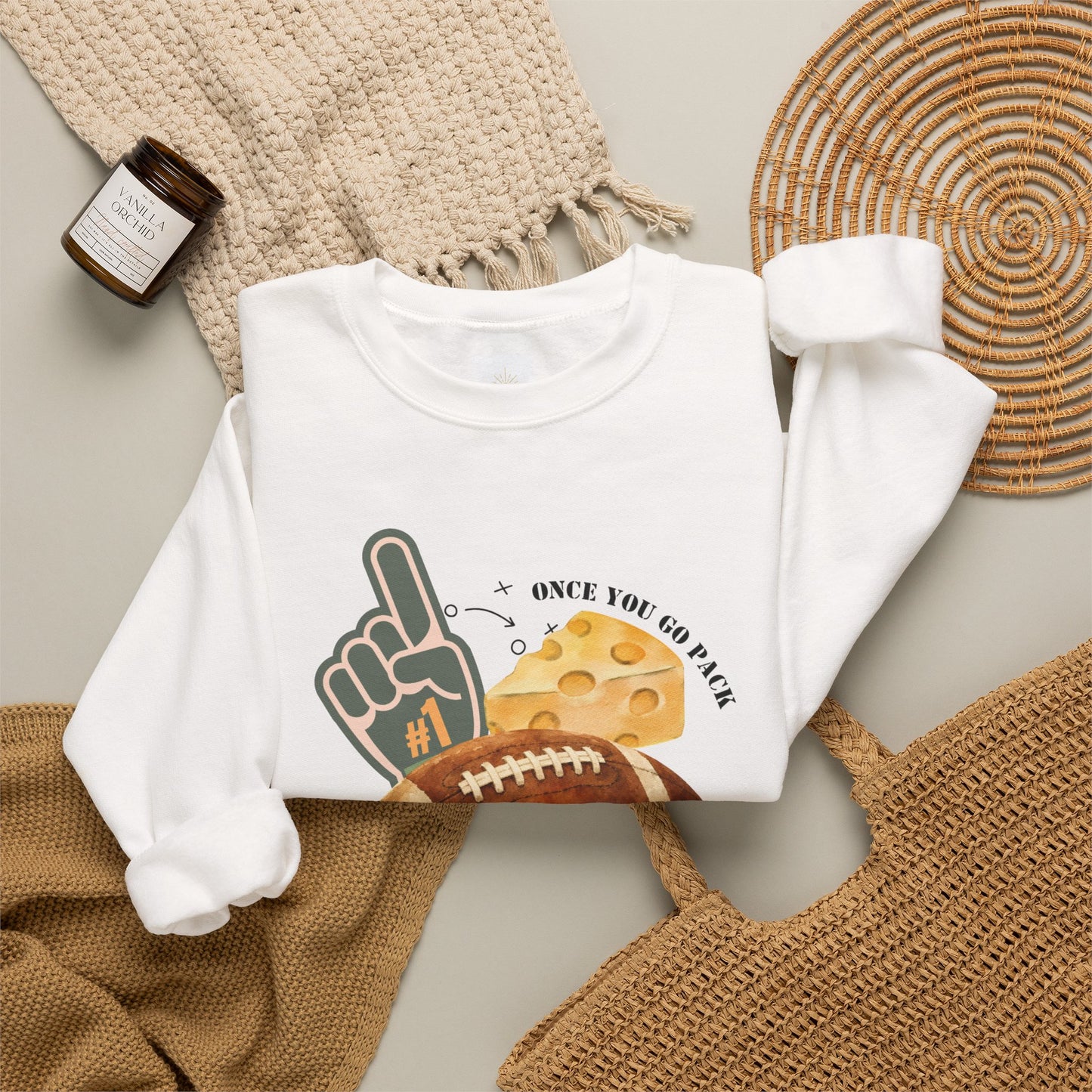 Football & Cheese Crewneck Sweatshirt — "Once You Go Pack, You Never Go Back" Graphic
