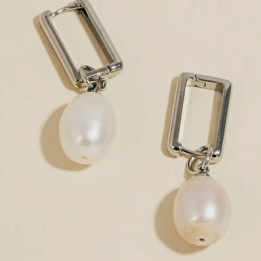 Silver and Pearl Rectangle Huggie Earrings