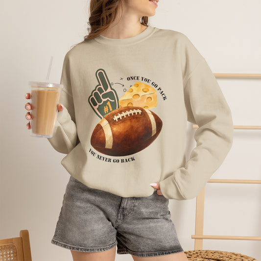 Football & Cheese Crewneck Sweatshirt — "Once You Go Pack, You Never Go Back" Graphic