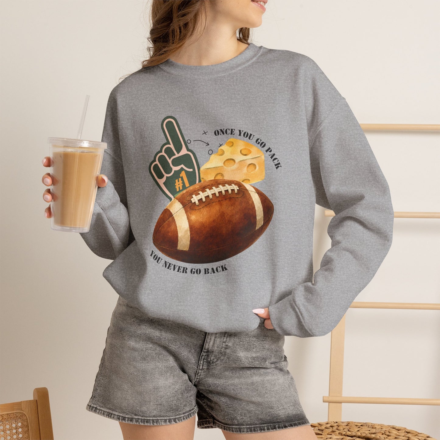 Football & Cheese Crewneck Sweatshirt — "Once You Go Pack, You Never Go Back" Graphic